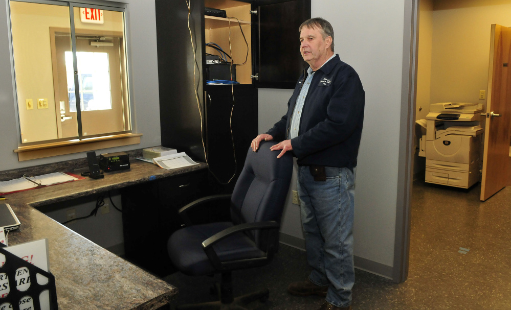 Norridgewock Fire Chief Dave Jones shows off the dispatcher’s room at the new fire station on Tuesday.