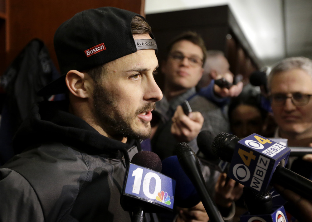 New England Patriots wide receiver Danny Amendola speaks with reporters in the team’s locker room at Gillette Stadium on Wednesday after practice in Foxborough, Massachusetts.