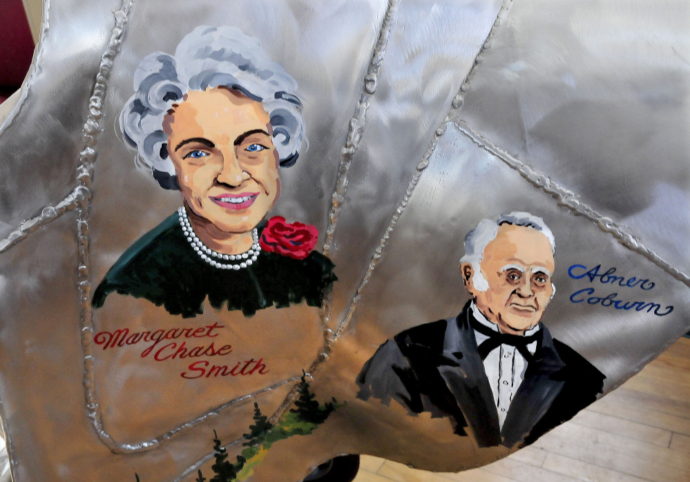 Artwork of famous Skowhegan natives, including Sen. Margaret Chase Smith and Gov. Abner Coburn, are painted on a metal sculpture of a shoe that may be taken out of storage and placed in a municipal parking lot.