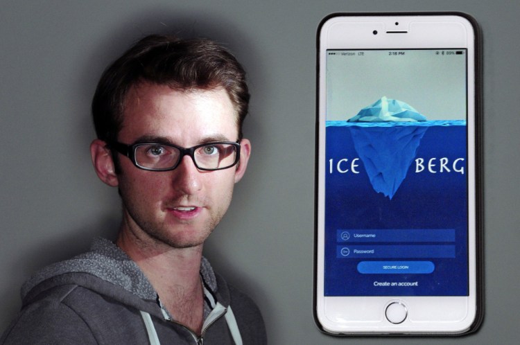This photo illustration shows Chris Voynik and the app he created called Ice-Berg on Wednesday in Augusta.