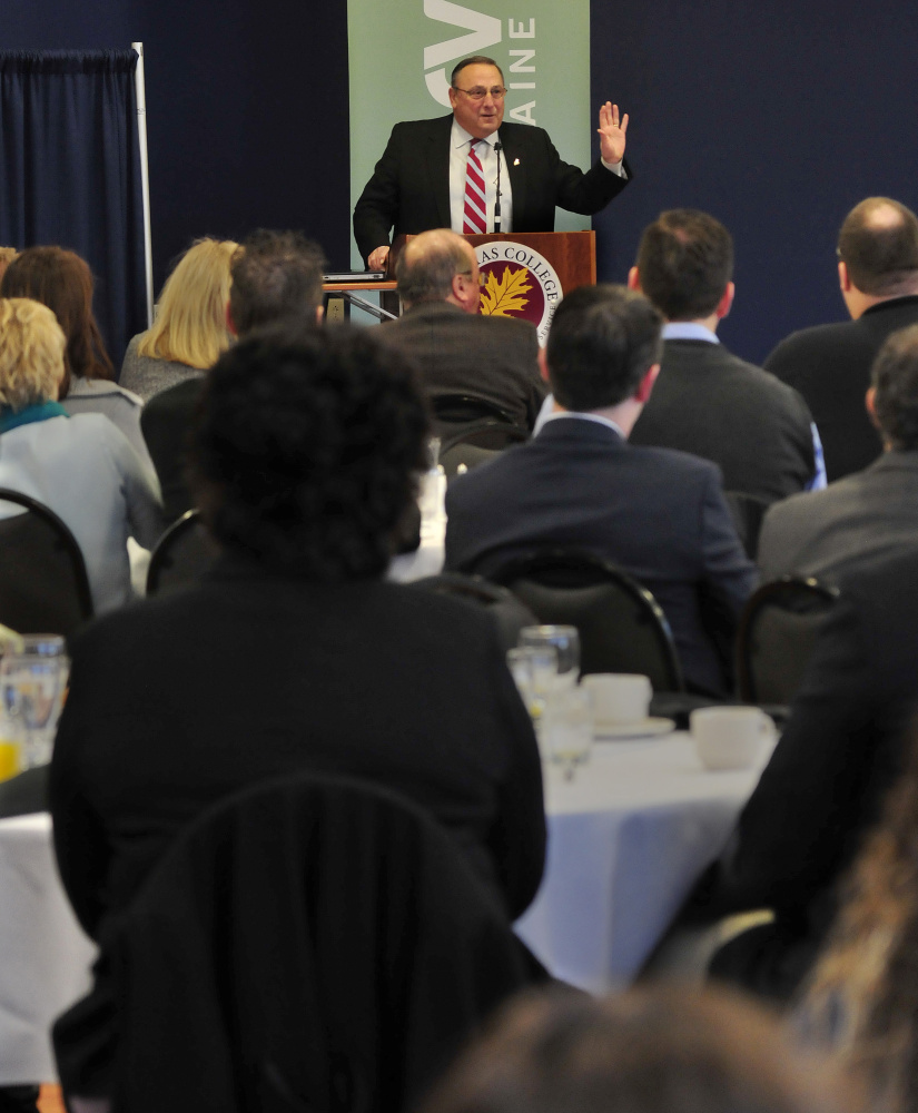 Gov. Paul LePage speaks about his ideas to help the state be more prosperous during a Mid-Maine Chamber of Commerce business breakfast series at Thomas College in Waterville on Thursday morning.