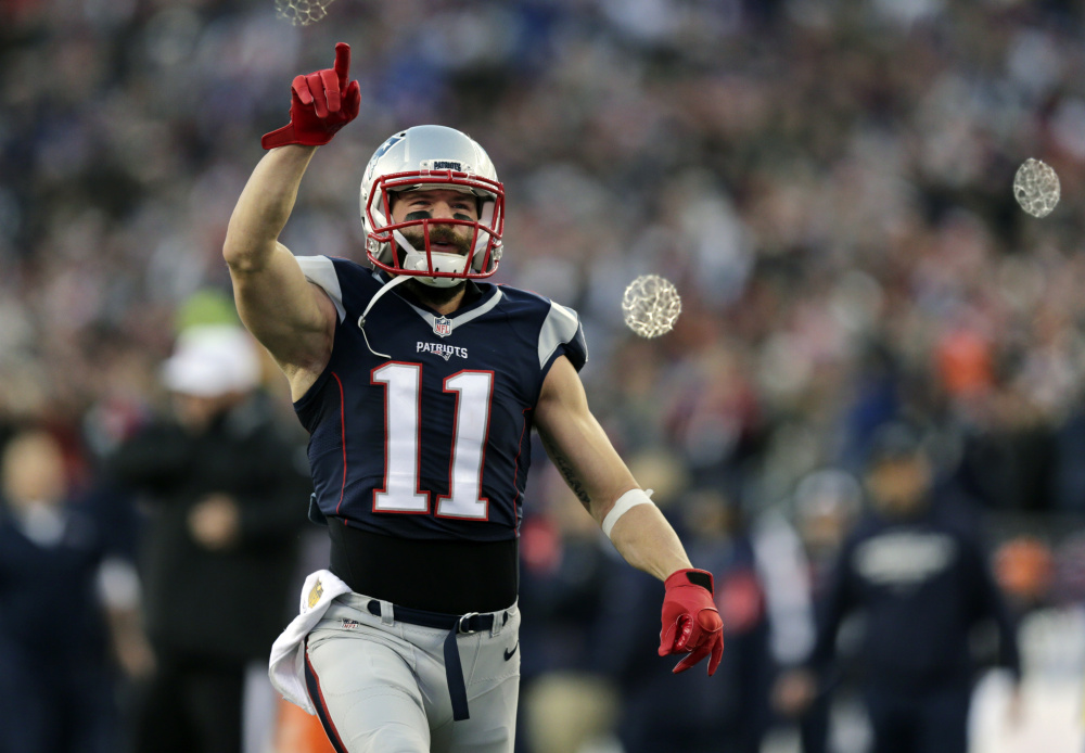 New England Patriots wide receiver Julian Edelman takes the field for an AFC divisional playoff game against the Kansas City Chiefs on Saturday in Foxborough, Mass. Edelman missed the last two months with a broken foot.
