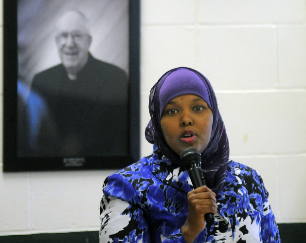 Fahmo Ahmed, of Lewiston, describes her migration to Maine from her native Somalia Monday during a Martin Luther King Day forum at St. Francis Xavier Roman Catholic Church in Winthrop. 