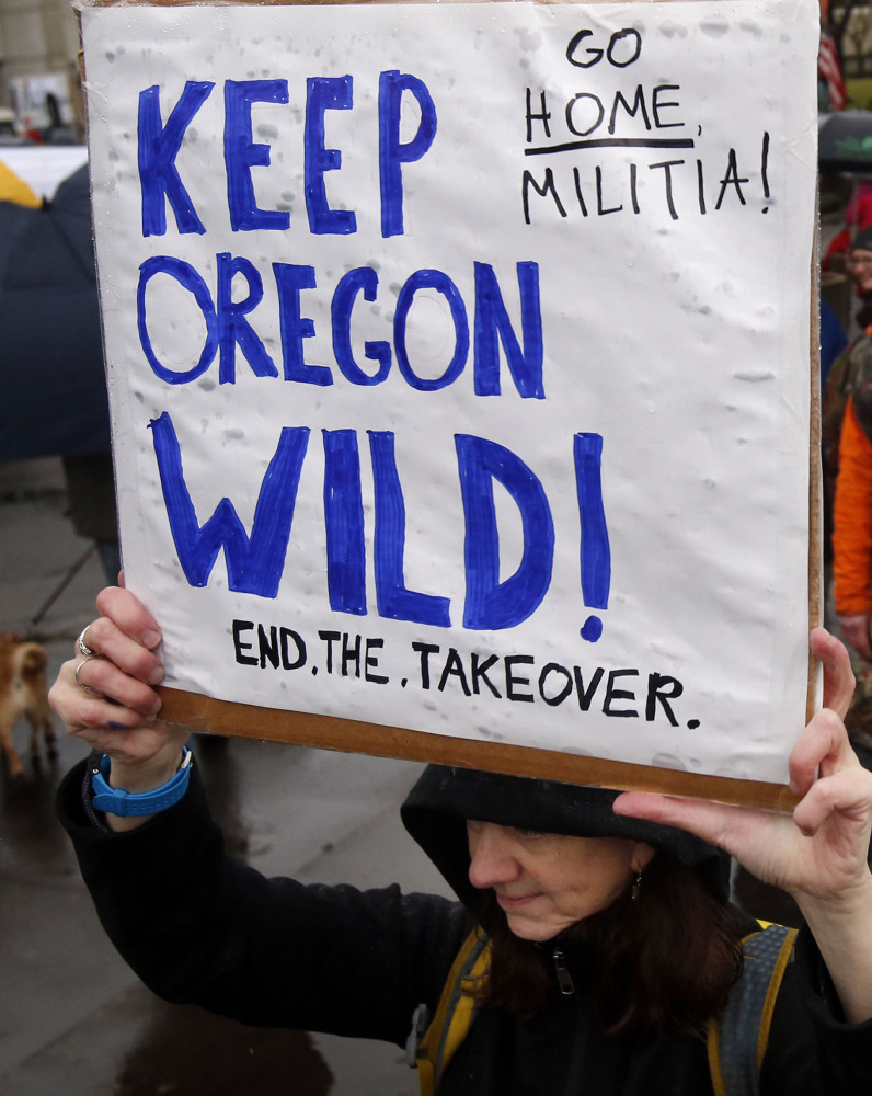 Local residents protested Wednesday against the occupation of the Malheur National Wildlife Refuge.