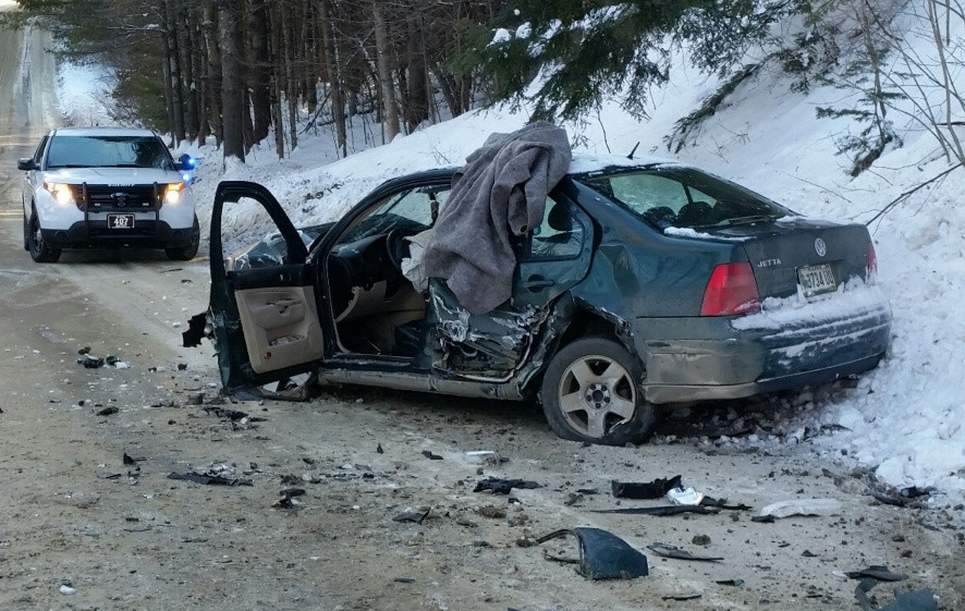 The Volkswagen Jetta that struck a Regional School Unit 9 bus Tuesday afternoon on Route 134, Starks Road, in New Sharon, seen here, sustained extensive damage. No one was injured in the crash.