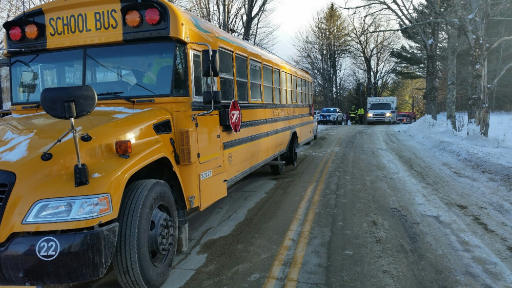 A Regional School Unit 9 bus Tuesday afternoon struck by a car on Route 134, Starks Road, in New Sharon sustained little damage. No students were hurt.