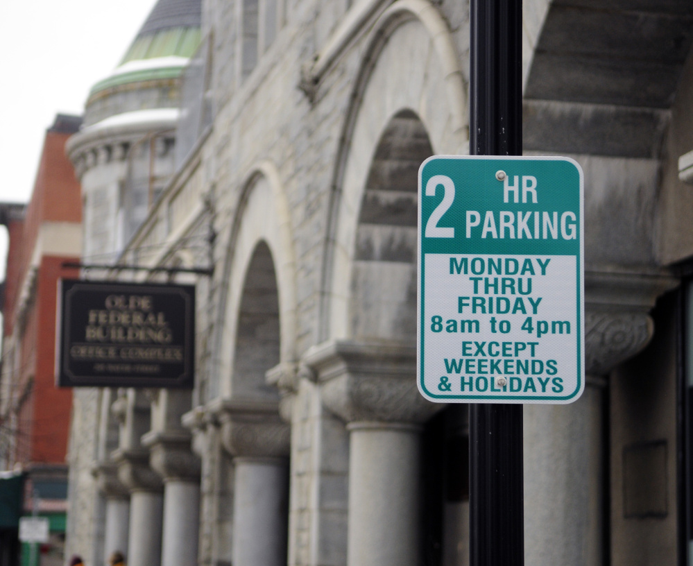 The new two-hour parking signs on Water Street in downtown Augusta.