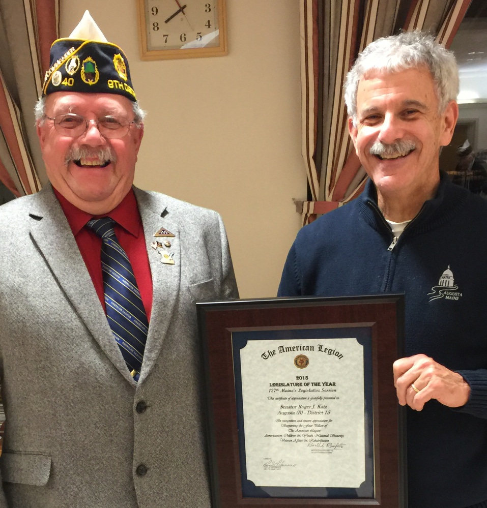 American Legion District 9, Kennebec County Cmdr. Don Chase presents the Legislator of the Year Award to Sen. Roger Katz, R-Augusta.