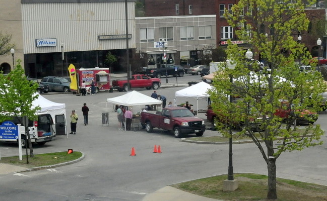 The northeast corner of The Concourse in Waterville, seen here in 2014, was the site of a reported confrontation behing a gun-wielding man and a woman who scared him off by activating her car alarm Wednesday afternoon.