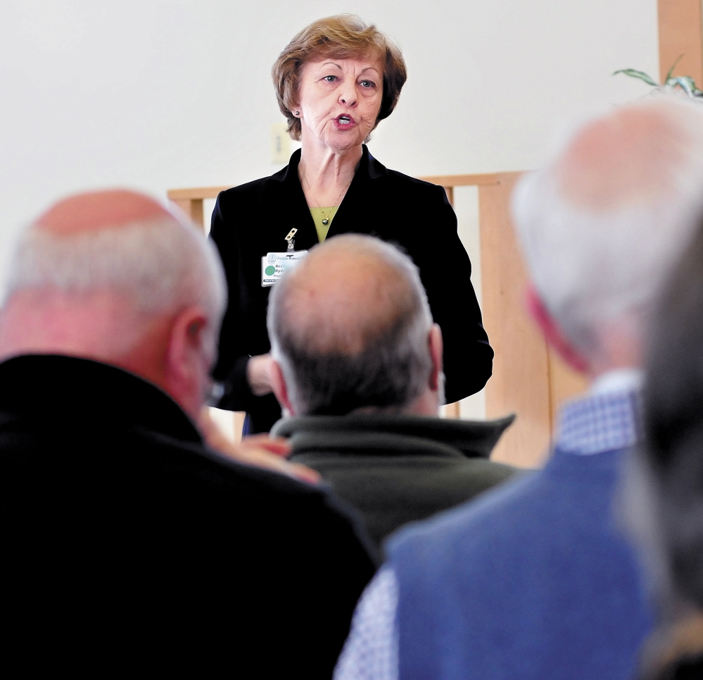 President and CEO of Franklin Memorial Hospital, Rebecca Arsenault, speaks to a community group in 2013. Arsenault announced Friday she will retired, effective Feb. 29.