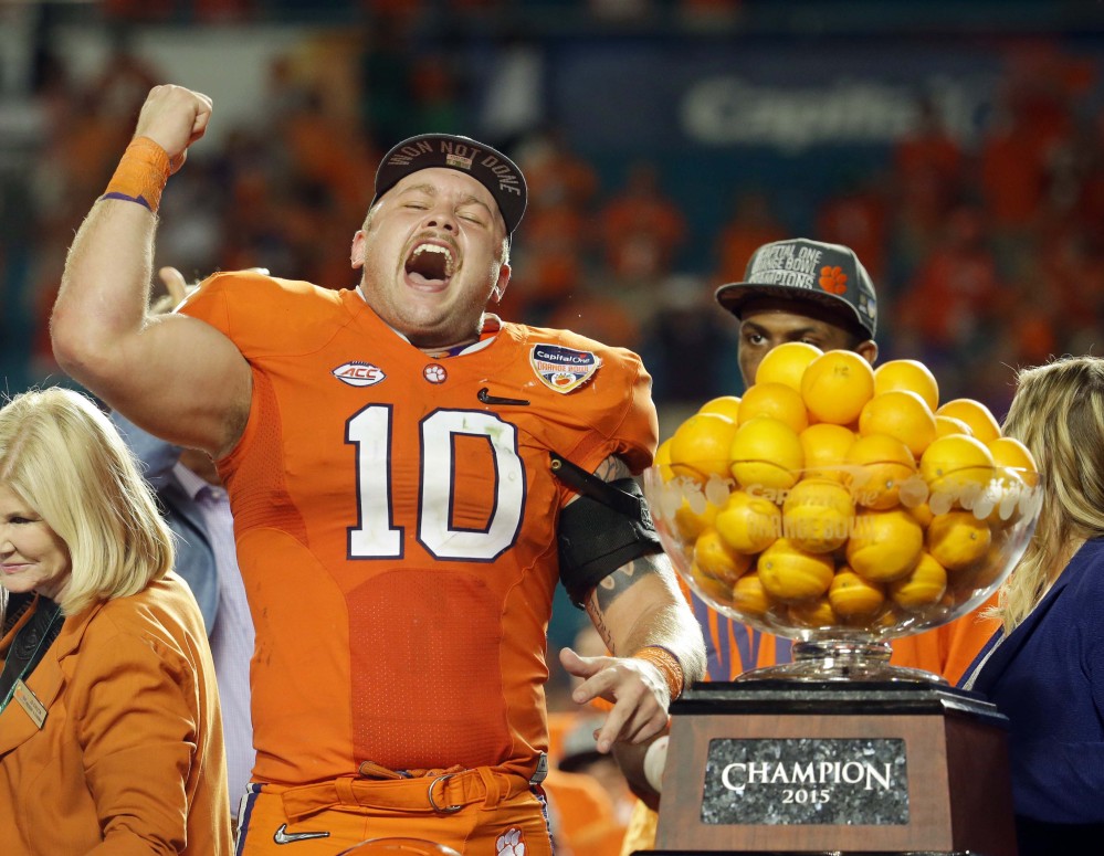 Clemson linebacker Ben Boulware cheers during the award presentation after his team beat Oklahoma 37-17 in the Orange Bowl, a national semifinal game. Boulware was named the game’s defensive MVP.