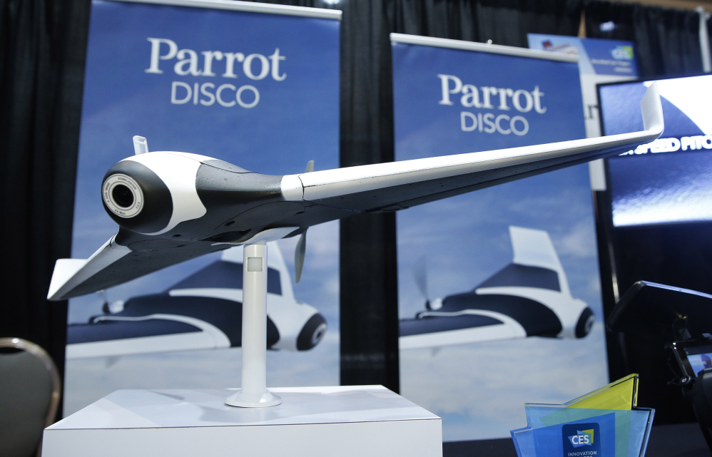 The Parrot Disco prototype drone is a fixed-wing drone with a fish-eye camera that can fly for about 45 minutes at up to 50 miles per hour. Weighing 1.5 pounds, it is launched by tossing it into the air like a Frisbee, whereupon autopilot takes over.