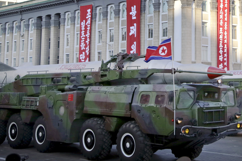 What is believed to be an improved version of the KN-08 ballistic missile is paraded in Pyongyang, North Korea, during the 70th anniversary celebrations of its ruling party’s creation in September. Pyongyang has long claimed it has the right to develop nuclear weapons to defend itself against the U.S.