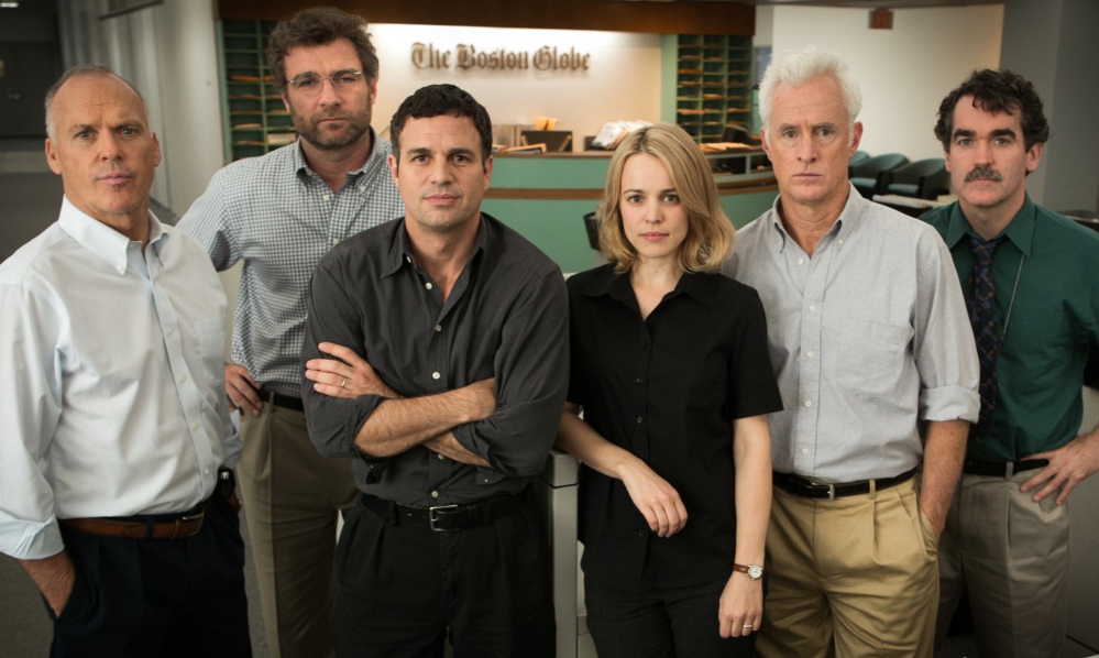 From left, the cast of “Spotlight,” which received best picture and five other Oscar nominations: Michael Keaton, Liev Schreiber, Mark Ruffalo (supporting actor nominee), Rachel McAdams (supporting actress nominee), John Slattery and Brian d’Arcy James.