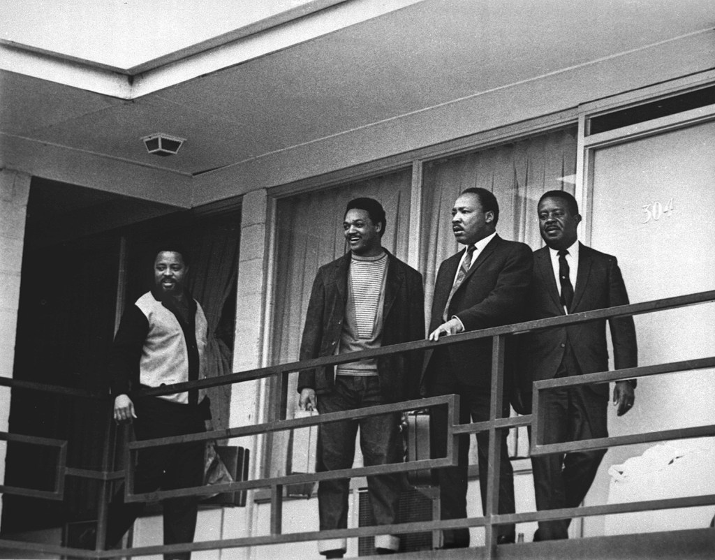 The Rev. Martin Luther King Jr. stands with other civil rights leaders on the balcony of the Lorraine Motel in Memphis, Tenn., on April 3, 1968, a day before he was assassinated at the age of 39 at approximately the same spot. From left are Hosea Williams, Jesse Jackson, King, and Ralph Abernathy. 