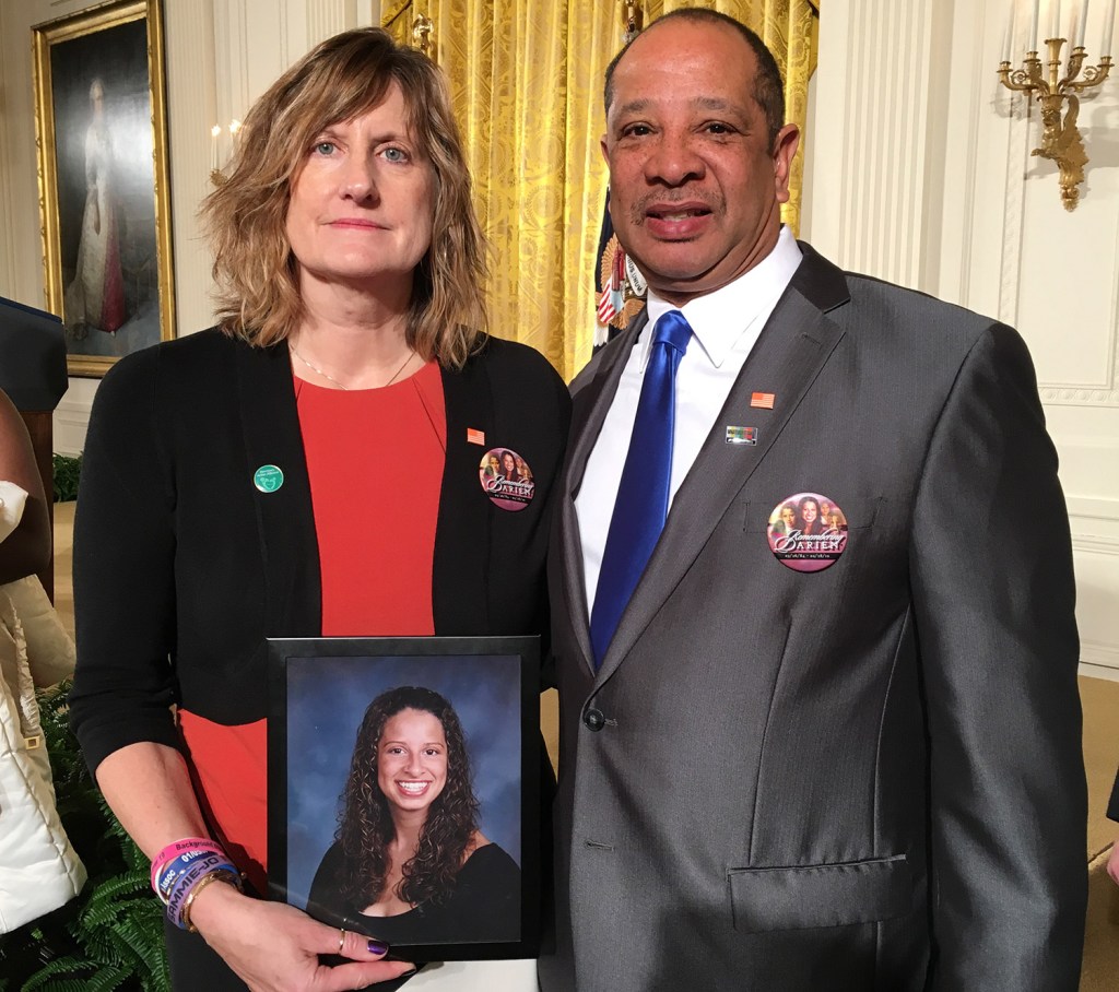 Judi and Wayne Richardson of South Portland pose at the White House on Tuesday with a picture of their daughter, Darien, while attending President Obama's speech on combating gun violence. Judi Richardson said the event "was extremely emotional and overwhelming.”
Photo courtesy of the Richardsons