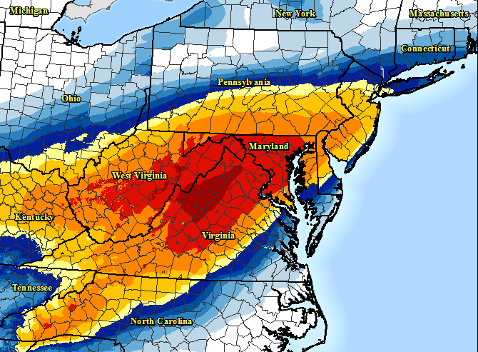 This image provided by National Oceanic and Atmospheric Administration shows a computer model forecasting the chances of a snowstorm hitting the East Coast this weekend.