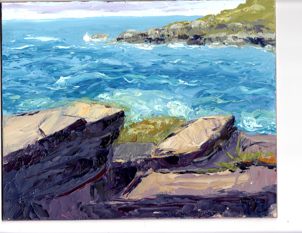 “Monhegan Rocks and Surf,” by Nora West.