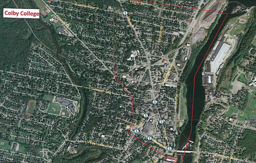 A map of Waterville shows the area that is part of a traffic study, due to be completed by the end of June, that will help the city go forward with downtown redevelopment plans.