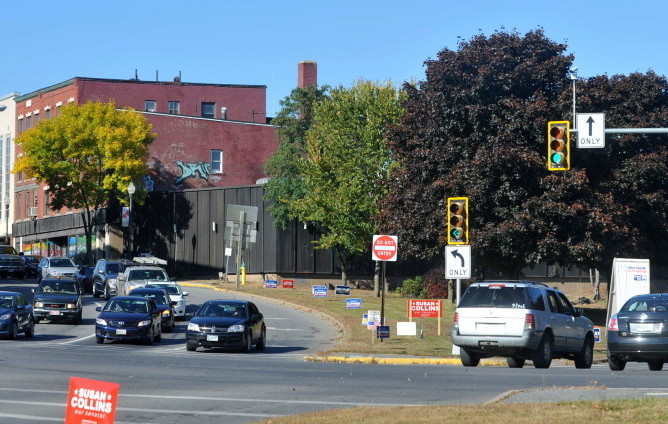 Traffic moves through the intersection of Spring, Water and Main streets in downtown Waterville in September 2014. The intersection, as well as other traffic challenges in downtown Waterville, will be the focus of a traffic study that is due to be completed by the end of June.