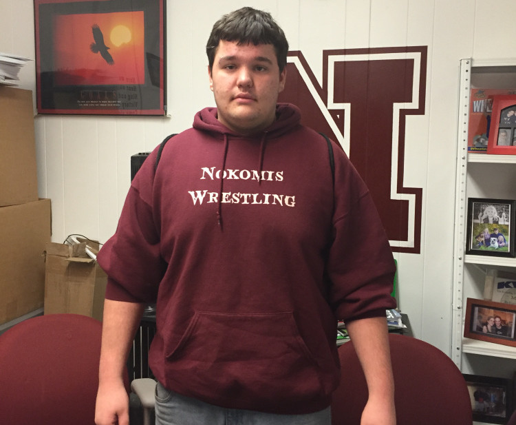 Nokomis senior Hunter Glidden poses at school Wednesday afternoon. Glidden wrestles at 285 pounds and he is 35-2 this season.