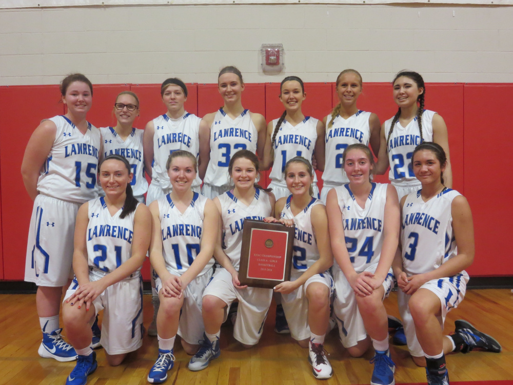 The Lawrence girls basketball team poses with the Kennebec Valley Athletic Conference Class A girls basketball plaque after defeating Oxford Hills 76-45 on Saturday at Cony High School. Front Row (L-R): Emily Tozier, Camryn Caldwell, Morgan Boudreau, Dominique Lewis, Molly Folsom and Kiana Letourneau. Back Row (L-R): Hunter Mercier, Hunter Chesley, Brooklyn Lambert, Nia Irving, Carly LaRochelle, Cassidy Quint and Olivia Patterson.