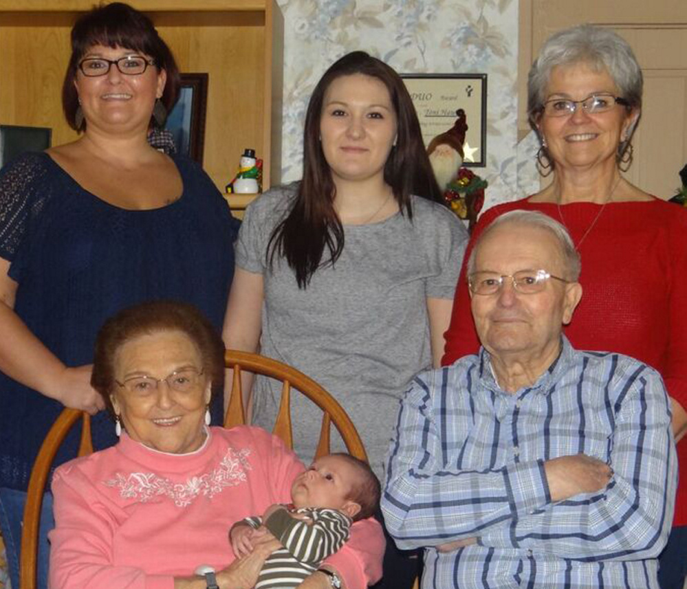 The family of Pat St. Onge recently gathered for a five generation photo. Front, from left, are Toni Hawes, of Winslow, Camdyn Daniel Anthony O’Neill, of Hooksett, New Hampshire, and Neal Hawes, of Winslow. In back, from left, are Heather LeClair, Amanda Gobis and Pat St. Onge, all of Hooksett, New Hampshire.