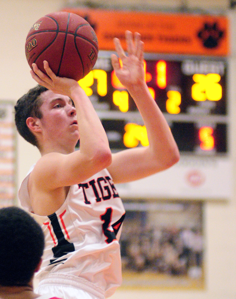 Staff file photo by Joe Phelan
Gardiner’s Brian Dunn shoots during a game against Cony earlier this season in Gardiner. The Tigers face No. 2 Brewer in a Class A North quarterfinal Saturday in Augusta.