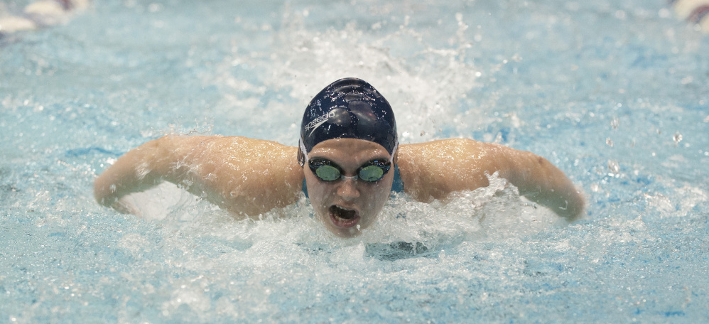 Caitlin Tycz of  Brunswick competes in the 200-yard individual medley during the Class A girls swim championships at Wallace Pool on the University of Maine campus Saturday in Orono.