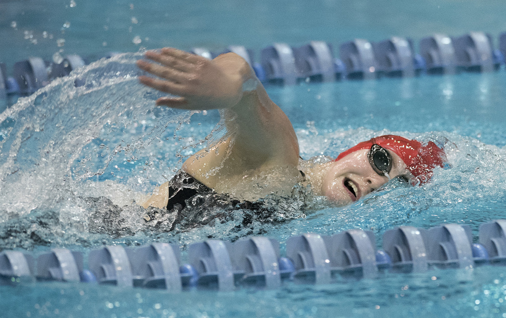 Talia Jorgensen of Cony competes in the girls 500-yard freestyle during the Class A girls swim championships at Wallace Pool on the University of Maine campus Saturday in Orono.