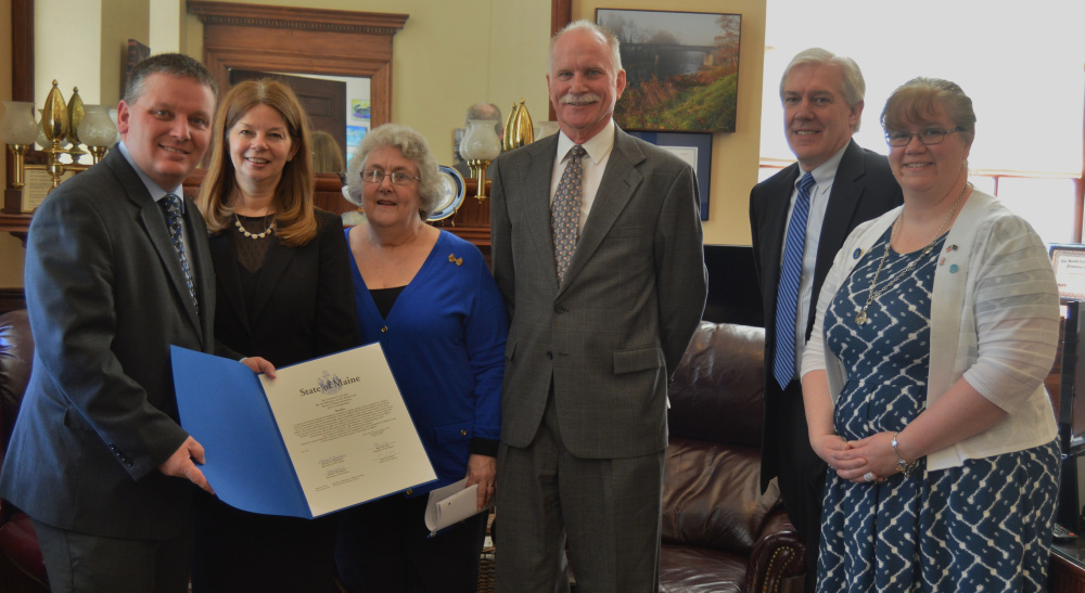 From left are Maine Senate President Michael Thibodeau, UniTel’s Laurie Osgood, Beth Osler, Larry Sterrs, Jim Carlson and Rep. Mary Ann Kinney, R-Knox.