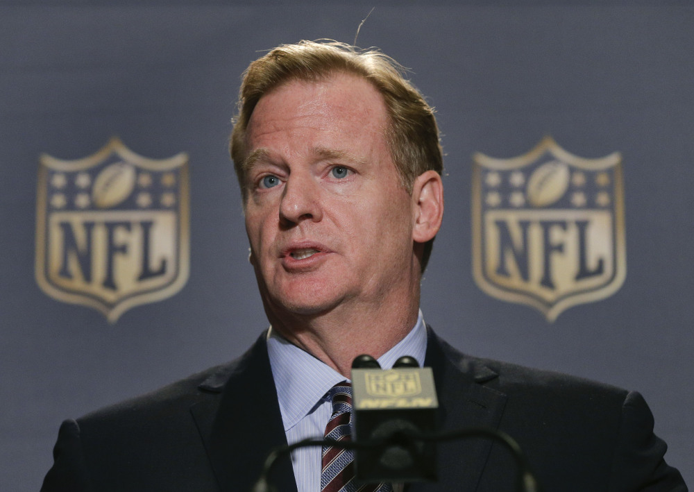 In this Oct. 7, 2015, file photo, NFL Commissioner Roger Goodell speaks during a news conference at the conclusion of the league’s fall meetings, in New York.