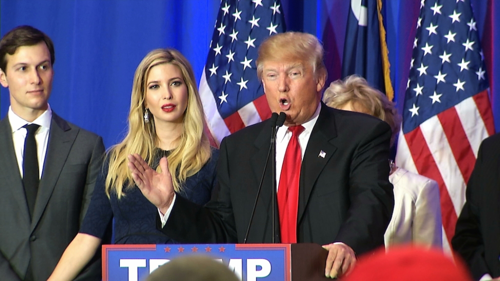 Ivanka Trump, the daughter of Republican presidential candidate Donald Trump, looks on as her father addresses supporters in Spartanburg, South Carolina, on Saturday.