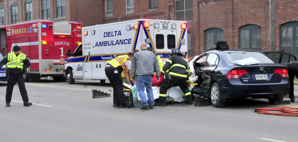 A Honda leaving Johnny’s Selected Seeds on the Waterville-Fairfield line Tuesday afternoon collided with a Jeep that was traveling south on College Avenue, injuring the drivers of both cars and a passenger of the Honda, police said.