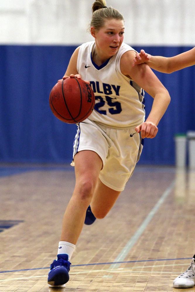 Colby’s Mia Diplock, a Cony High School graduate, handles the ball during a game against Bates this season.