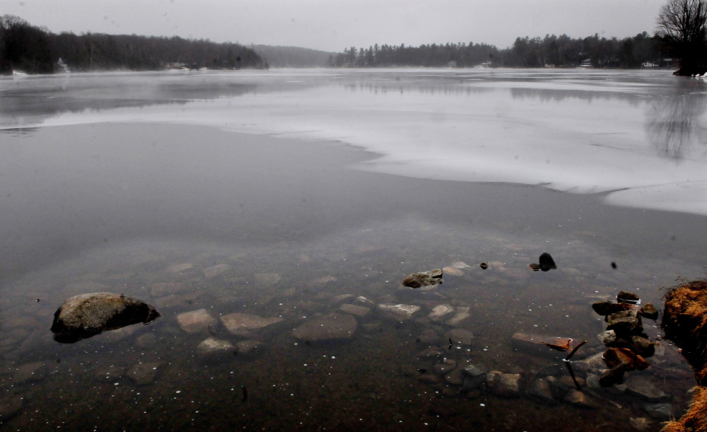 Open water and ice meet at the outlet to Messalonskee Lake in Oakland on Thursday. The Friends of Messalonskee group has canceled the March 6 fishing derby because of unsafe ice conditions.