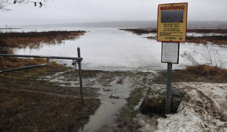 The Belgrade boat landing on Messalonskee Lake was empty of ice shacks on Thursday after some ice fishermen pulled their shacks recently. The Friends of Messalonskee group has canceled the March 6 fishing derby because of thin ice conditions.