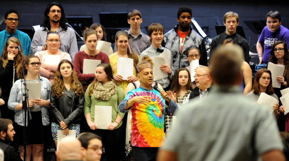 Srinivas Krishnan, master percussionist who created and produces Global Rhythms World Music, begins a concert  at Waterville Senior High School on Friday. Krishnan spent the week with Waterville students, teaching them about music of other cultures.