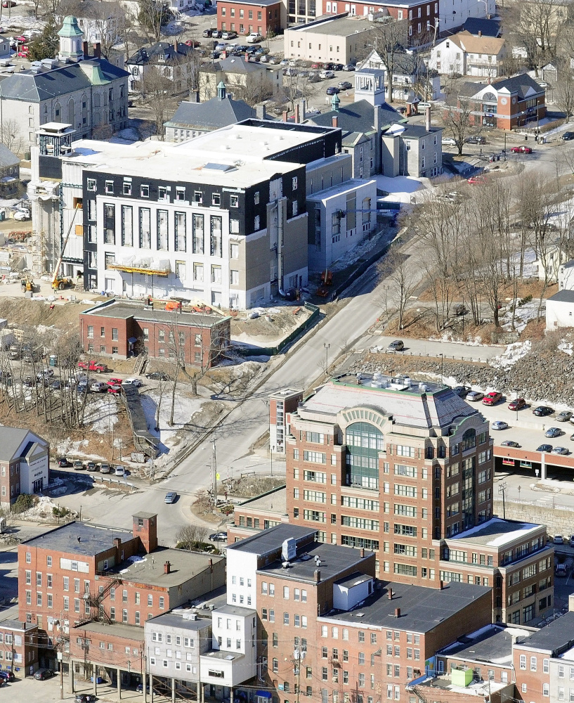 This aerial photo taken on March 27, 2014 shows the Capital Judicial Center being built, top left, uphill from downtown Augusta, bottom right.