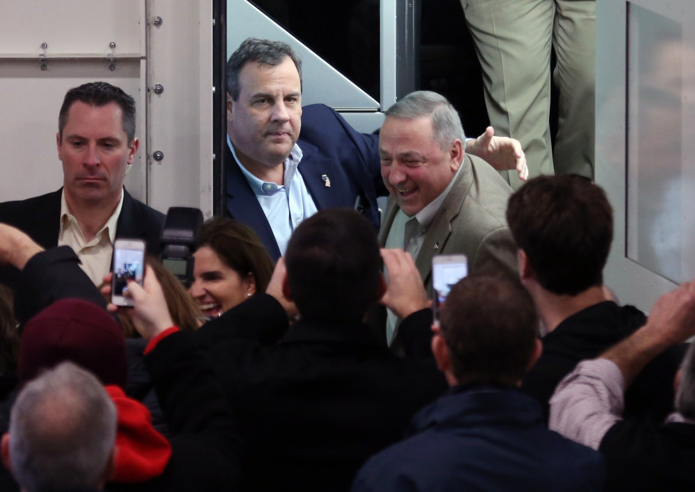 Maine governor Paul LePage, right, appears with New Jersey governor and former Republican presidential hopeful Chris Christie on the campaign trail earlier this winter.