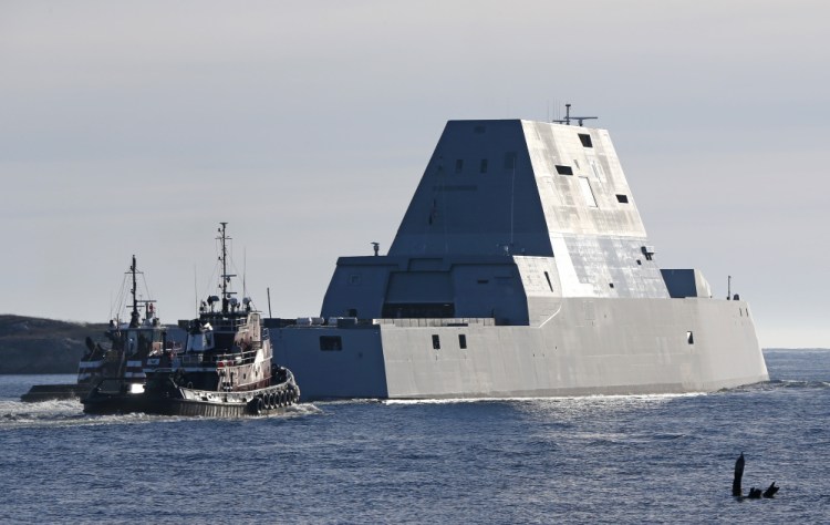 The first Zumwalt-class destroyer built at Bath Iron Works, the USS Zumwalt,  leaves the Kennebec River for sea trails in this Dec. 10 photo.