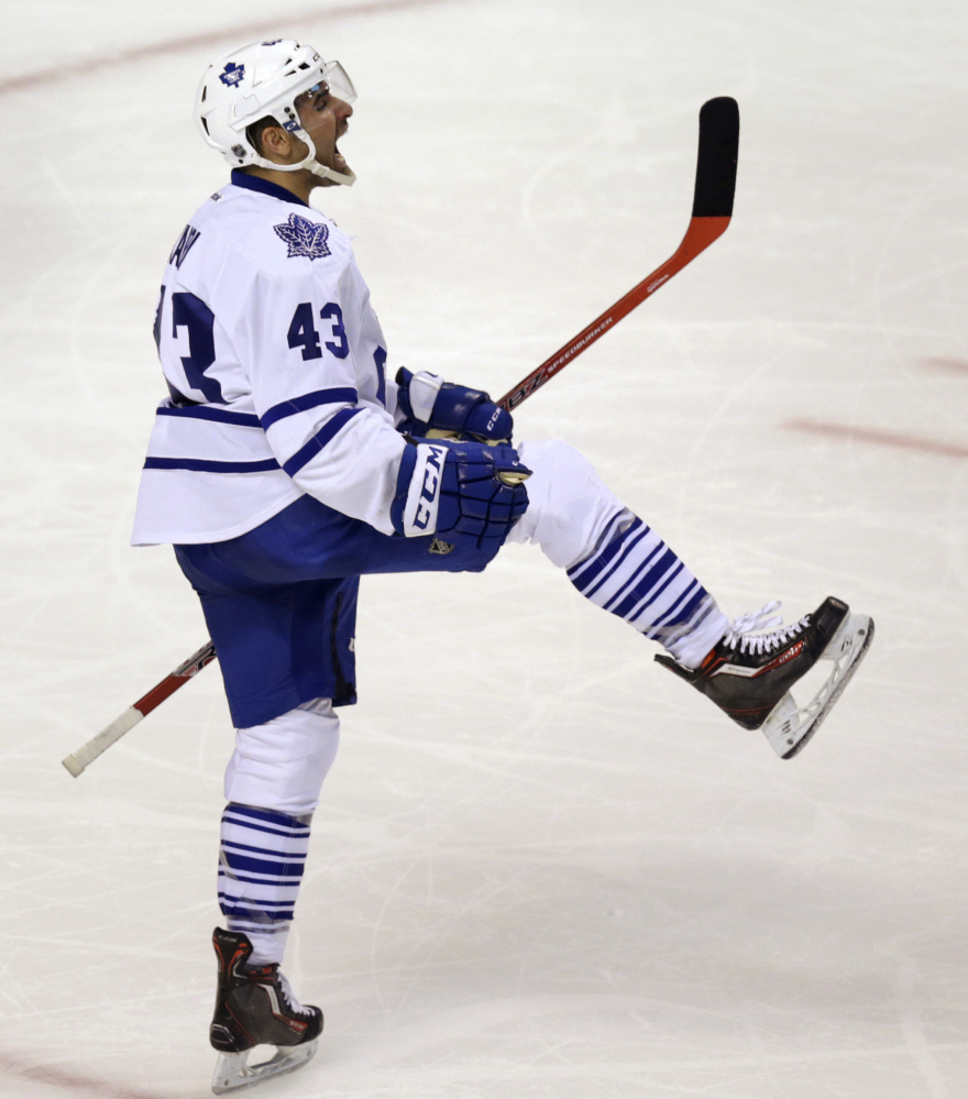 Maple Leafs center Nazem Kadri celebrates after scoring in the third period as Toronto comes back from a 3-1 deficit.
