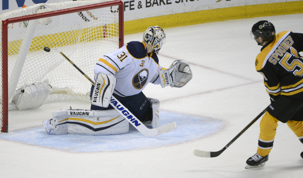 Ryan Spooner beats Sabres goaltender Chad Johnson in an overtime shootout for what proved to be the game-winning goal.