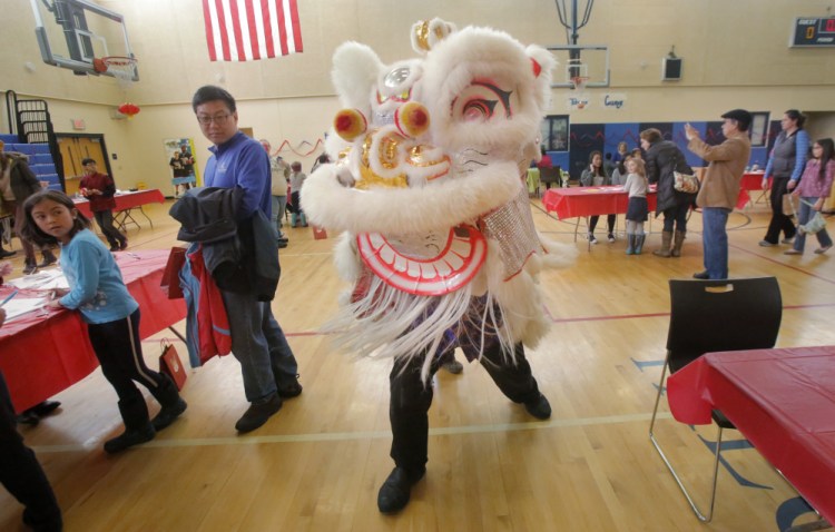 Rodger Wong performs a lion dance in the gymnasium at Westbrook Middle School on Saturday as part of a Chinese New Year celebration sponsored by the Chinese and American Friendship Association of Maine and the Confucius Institute of the University of Southern Maine.
