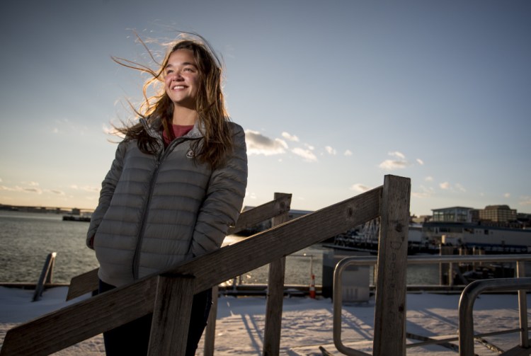 Madeline Henderson of Brunswick visits the Portland waterfront during a January break from her school year sailing the Atlantic aboard a schooner with other students.