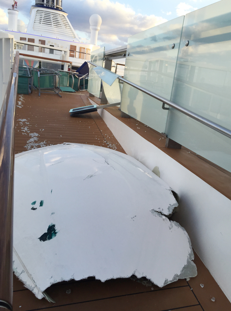 Royal Caribbean’s ship Anthem of the Seas shows signs of damage after being hit by large waves while sailing toward Fort Lauderdale, Fla., on Sunday.