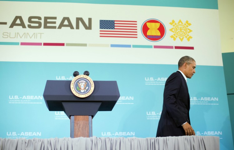 President Barack Obama walks away from the podium at the end of a news conference following the conclusion of the Association of Southeast Asian Nations (ASEAN) leaders summit at the Annenberg Retreat at Sunnylands in Rancho Mirage, Calif., Tuesday.