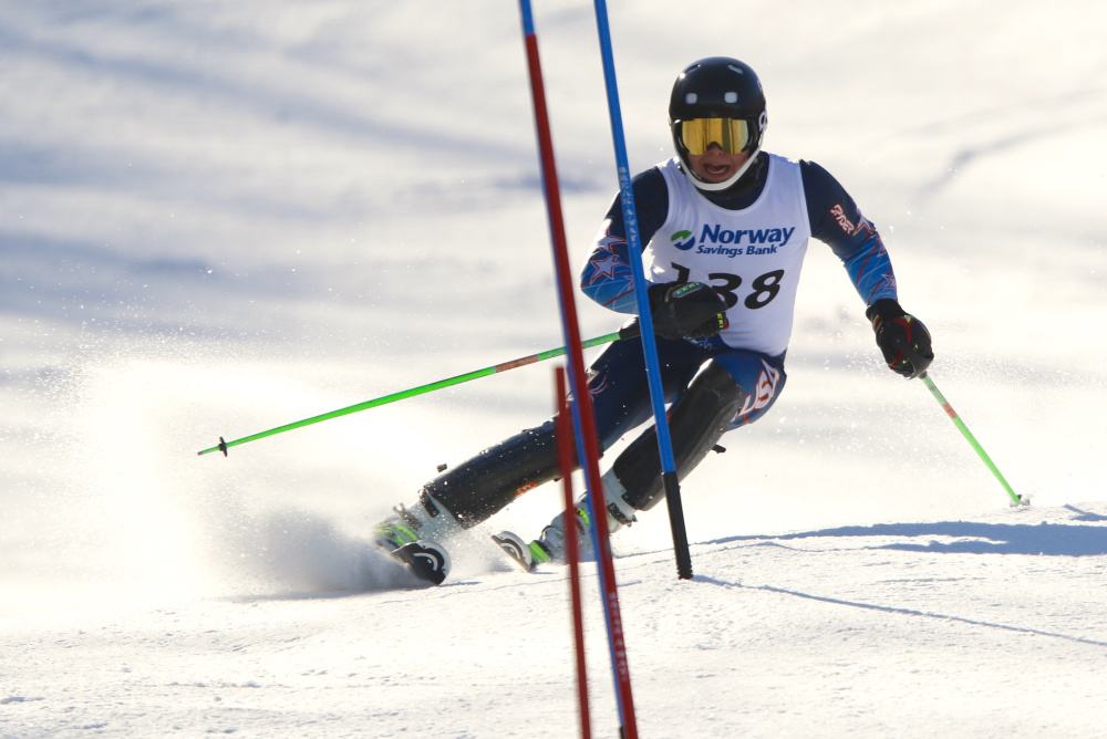 Edward Little High sophomore Maxx Bell won the slalom Thursday on the final day of the Class A alpine skiing championships at Mount Abram in Greenwood. (Carl D. Walsh/Staff Photographer)