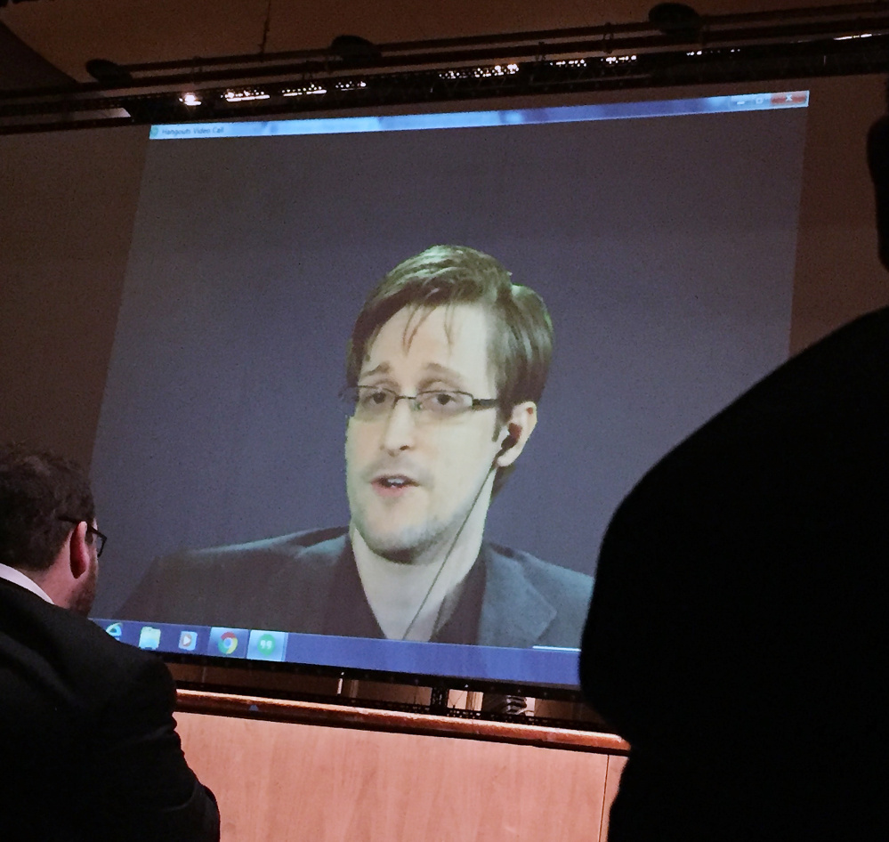 Former NSA contractor Edward Snowden will speak Saturday by video link at the Free Staters’ forum in N.H.
the live video conference Wednesday night with Snowden, according to the Baltimore Sun. (AP Photo/Juliet Linderman)