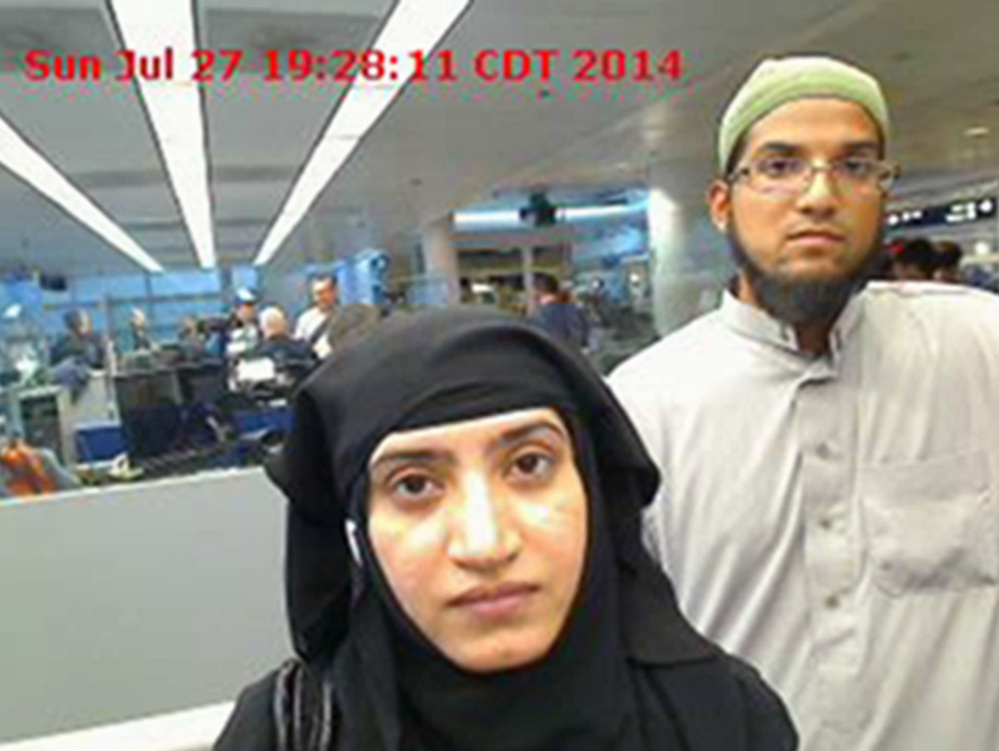 A judge has ordered Apple to help U.S. officials hack into the work iPhone of Syed Farook, right, who with his wife, Tashfeen Malik, center, killed 14 people in California last year.